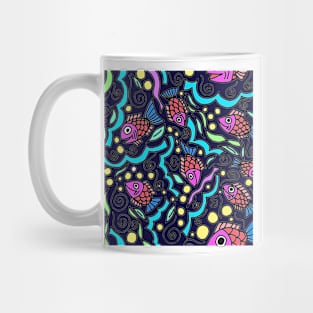 Happy Swimming Fish Black background Mug